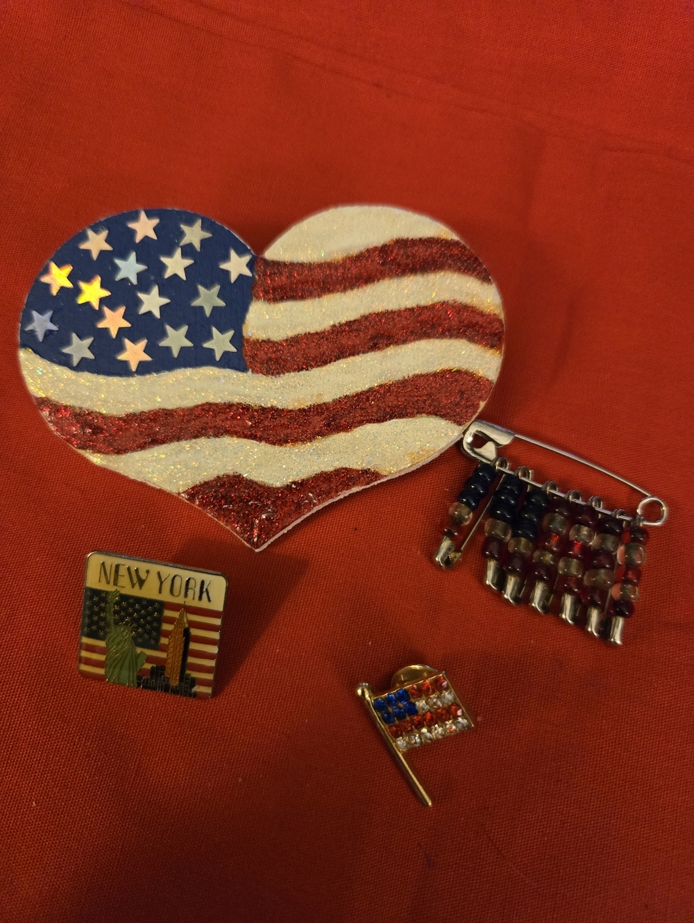 Patriotic Heart Flag Brooch with Mini Flag Pins - Red White Blue